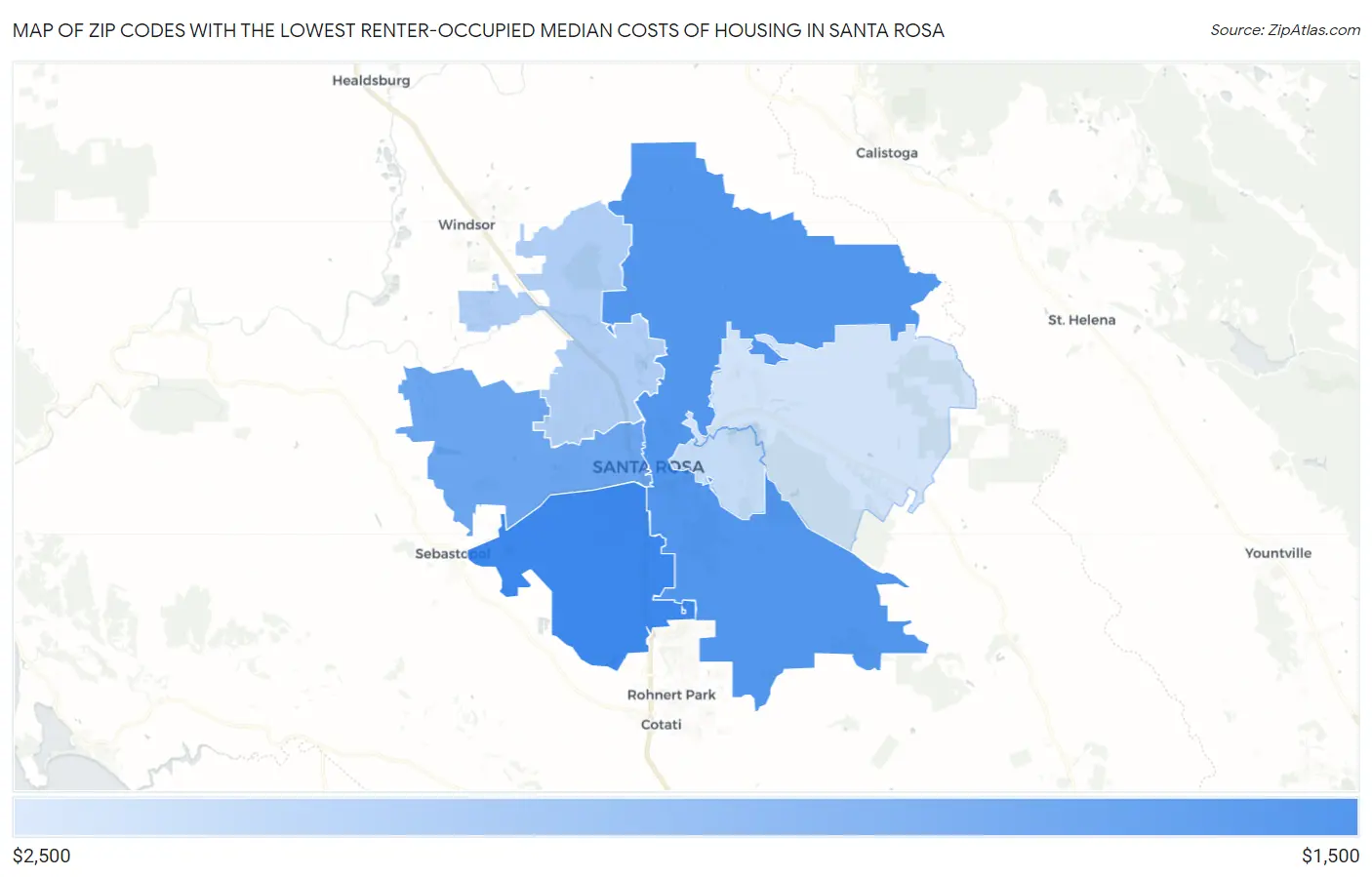 Zip Codes with the Lowest Renter-Occupied Median Costs of Housing in Santa Rosa Map