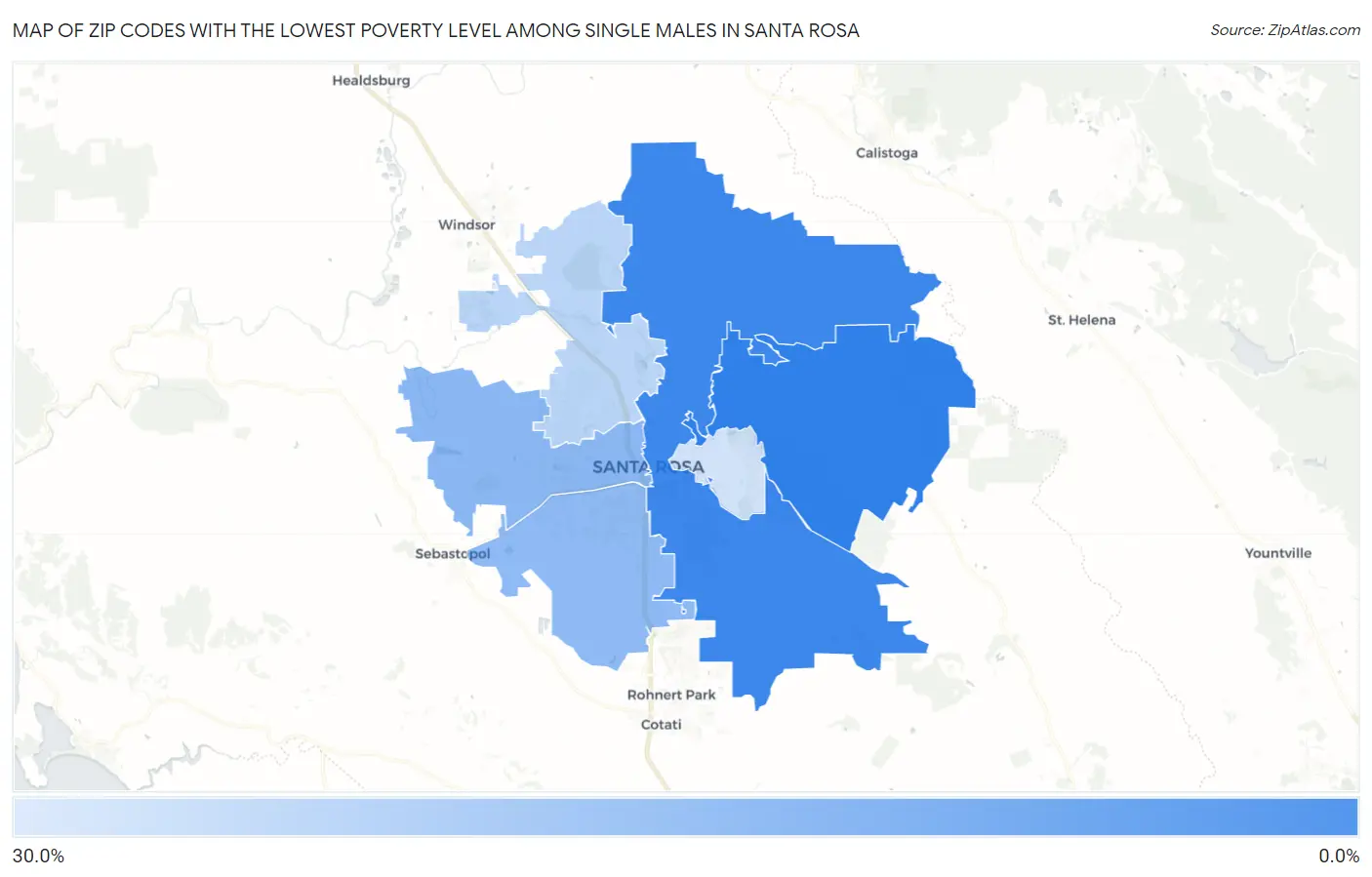 Zip Codes with the Lowest Poverty Level Among Single Males in Santa Rosa Map