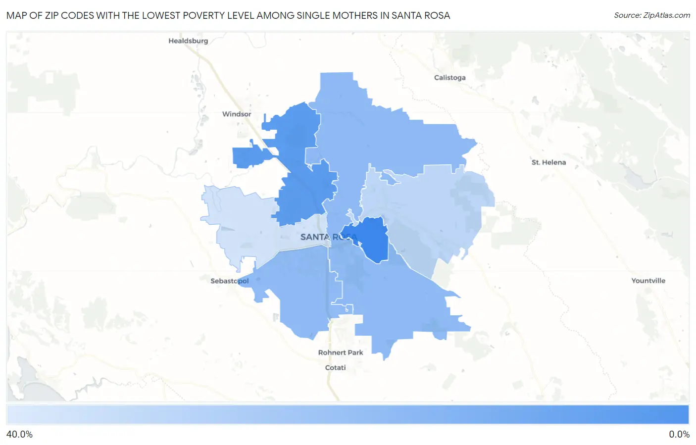 Zip Codes with the Lowest Poverty Level Among Single Mothers in Santa Rosa Map