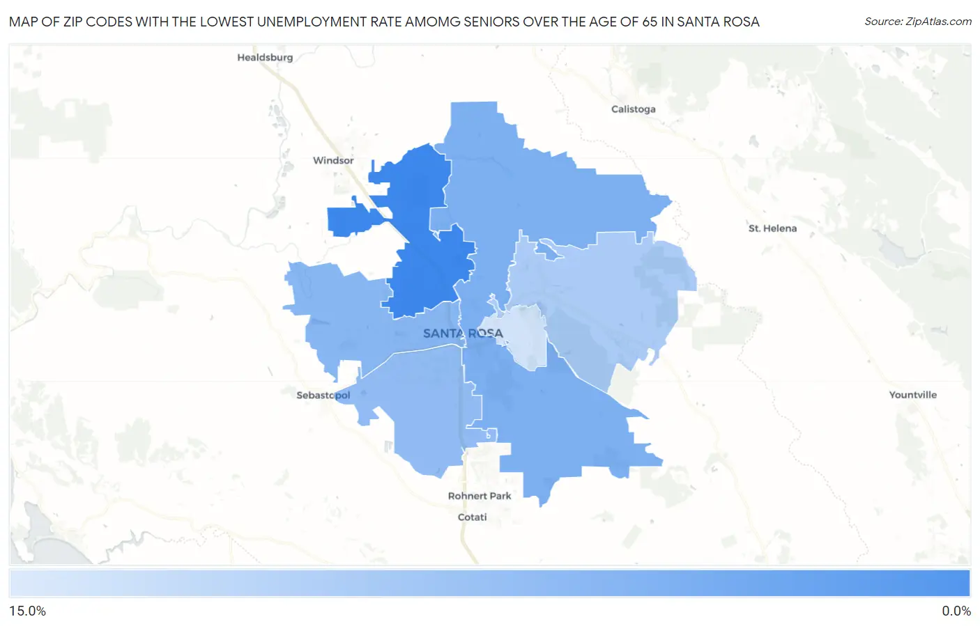 Zip Codes with the Lowest Unemployment Rate Amomg Seniors Over the Age of 65 in Santa Rosa Map