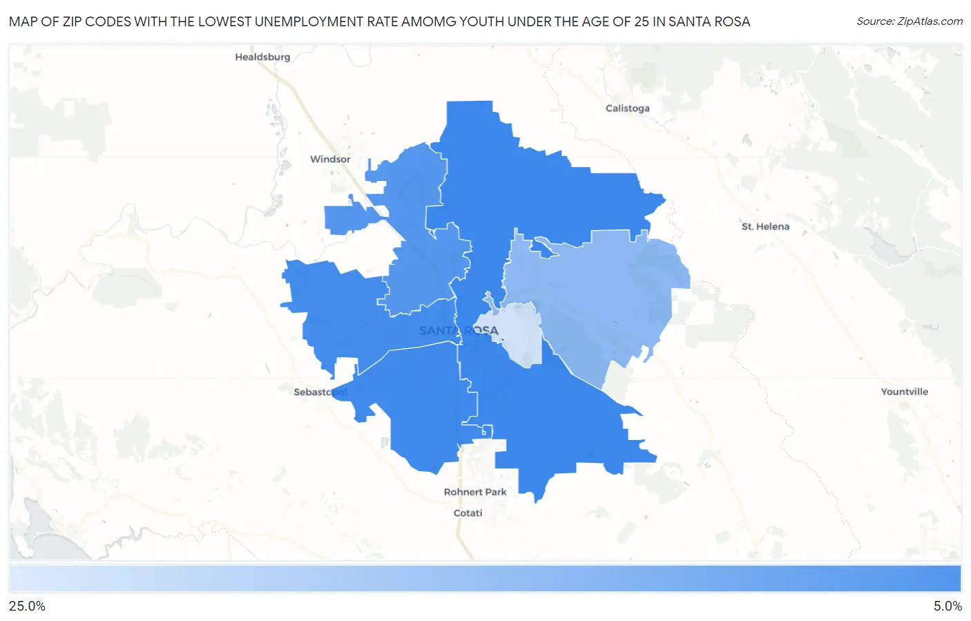 Zip Codes with the Lowest Unemployment Rate Amomg Youth Under the Age of 25 in Santa Rosa Map