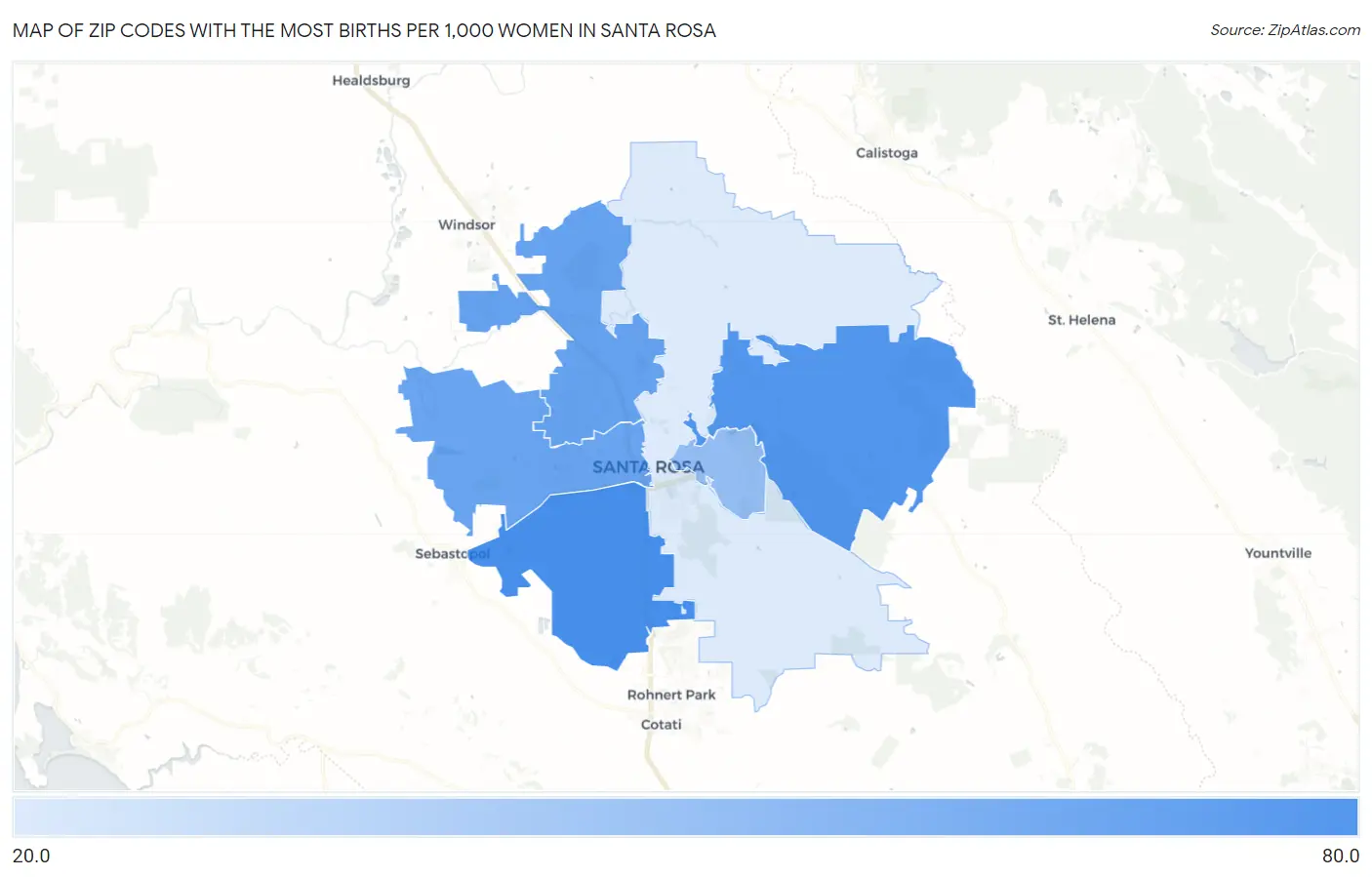 Zip Codes with the Most Births per 1,000 Women in Santa Rosa Map