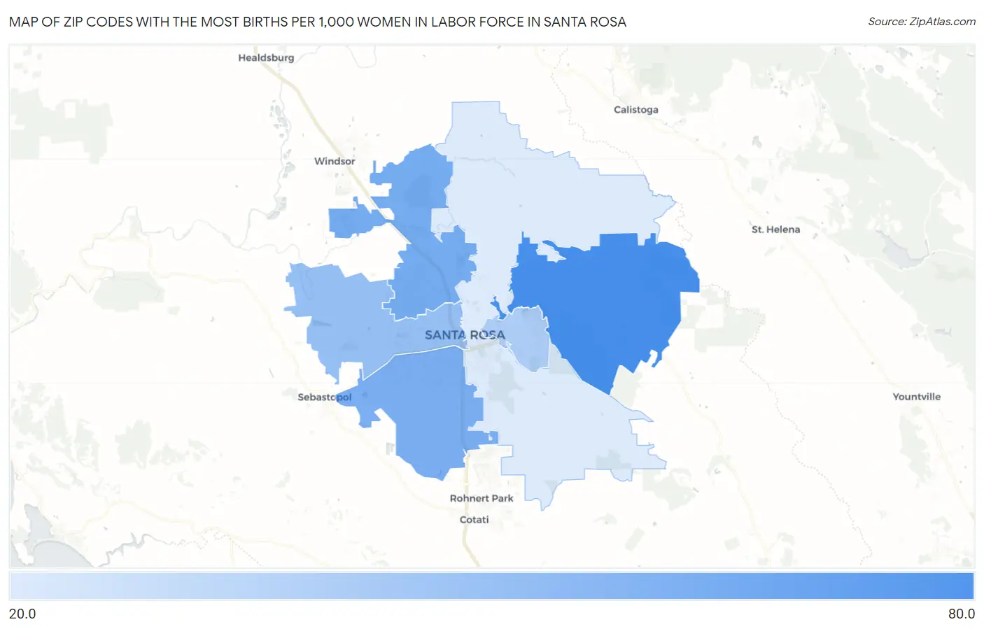 Zip Codes with the Most Births per 1,000 Women in Labor Force in Santa Rosa Map