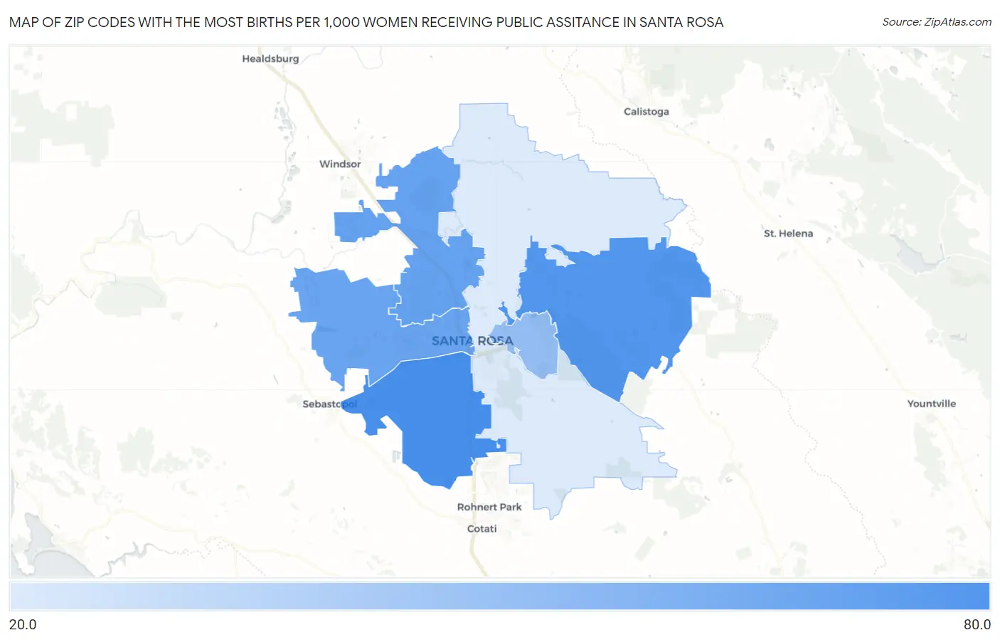 Zip Codes with the Most Births per 1,000 Women Receiving Public Assitance in Santa Rosa Map