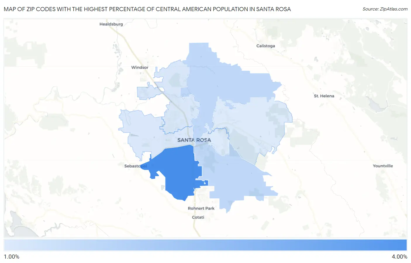 Zip Codes with the Highest Percentage of Central American Population in Santa Rosa Map