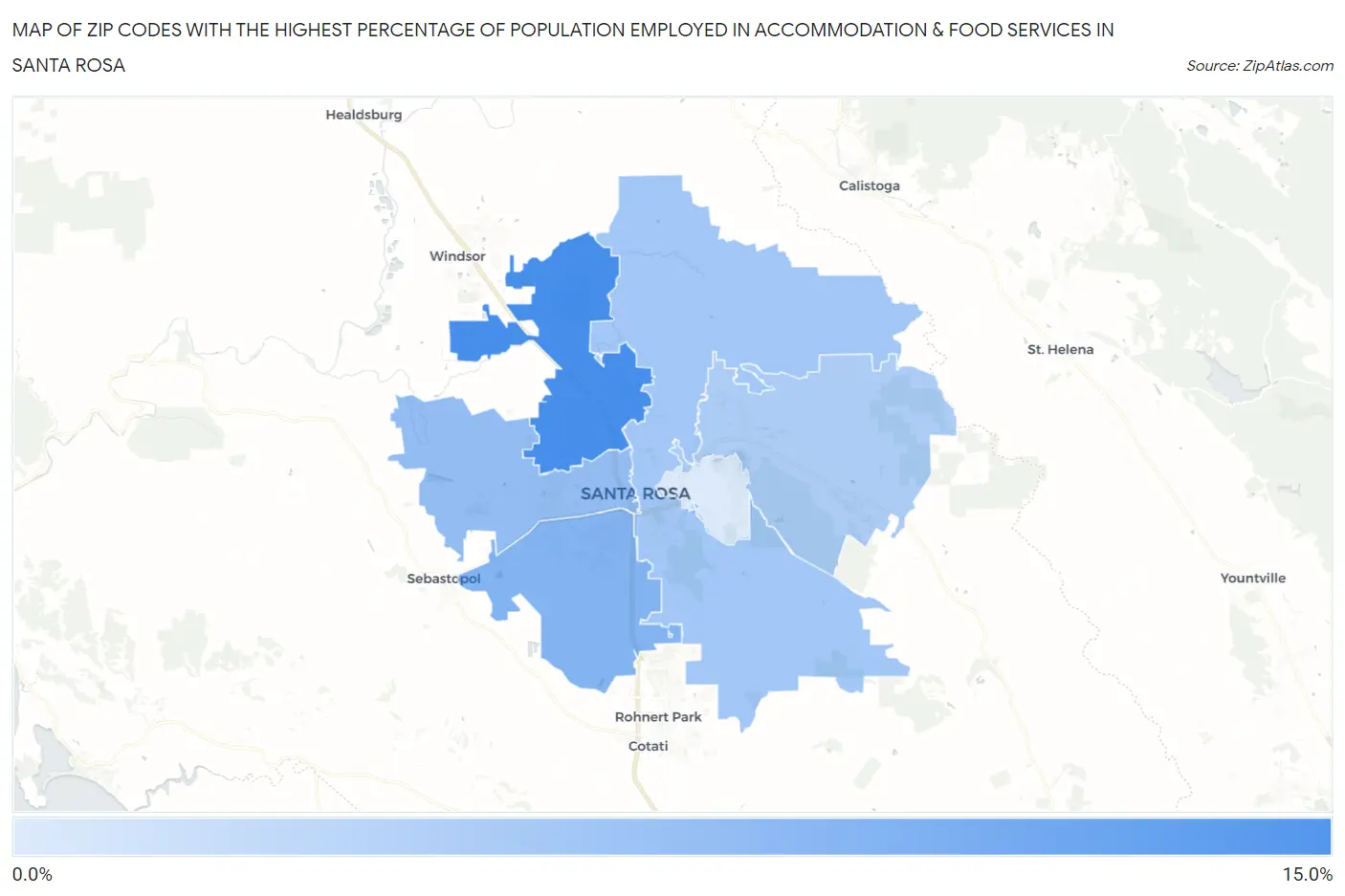 Zip Codes with the Highest Percentage of Population Employed in Accommodation & Food Services in Santa Rosa Map