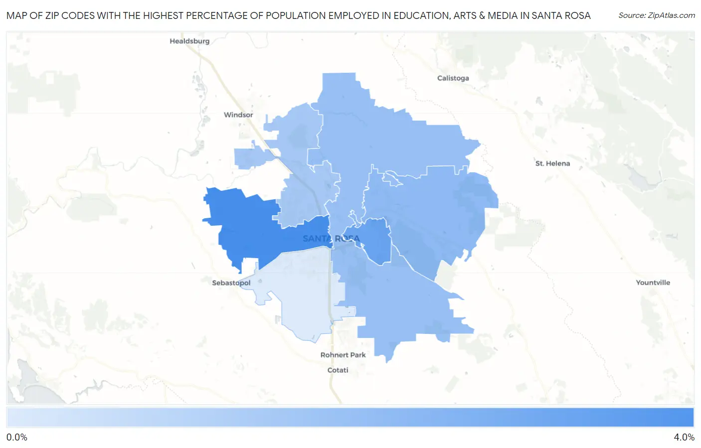 Zip Codes with the Highest Percentage of Population Employed in Education, Arts & Media in Santa Rosa Map