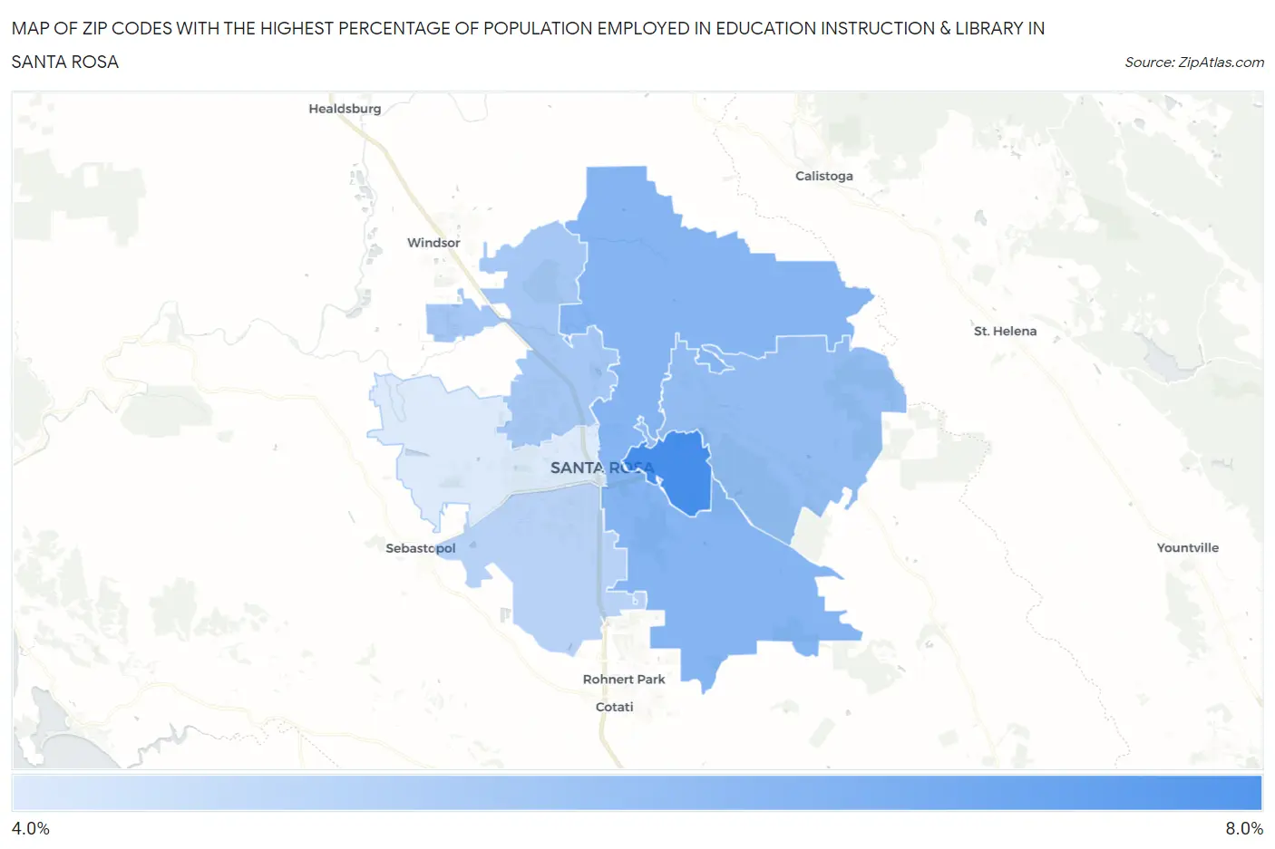 Zip Codes with the Highest Percentage of Population Employed in Education Instruction & Library in Santa Rosa Map