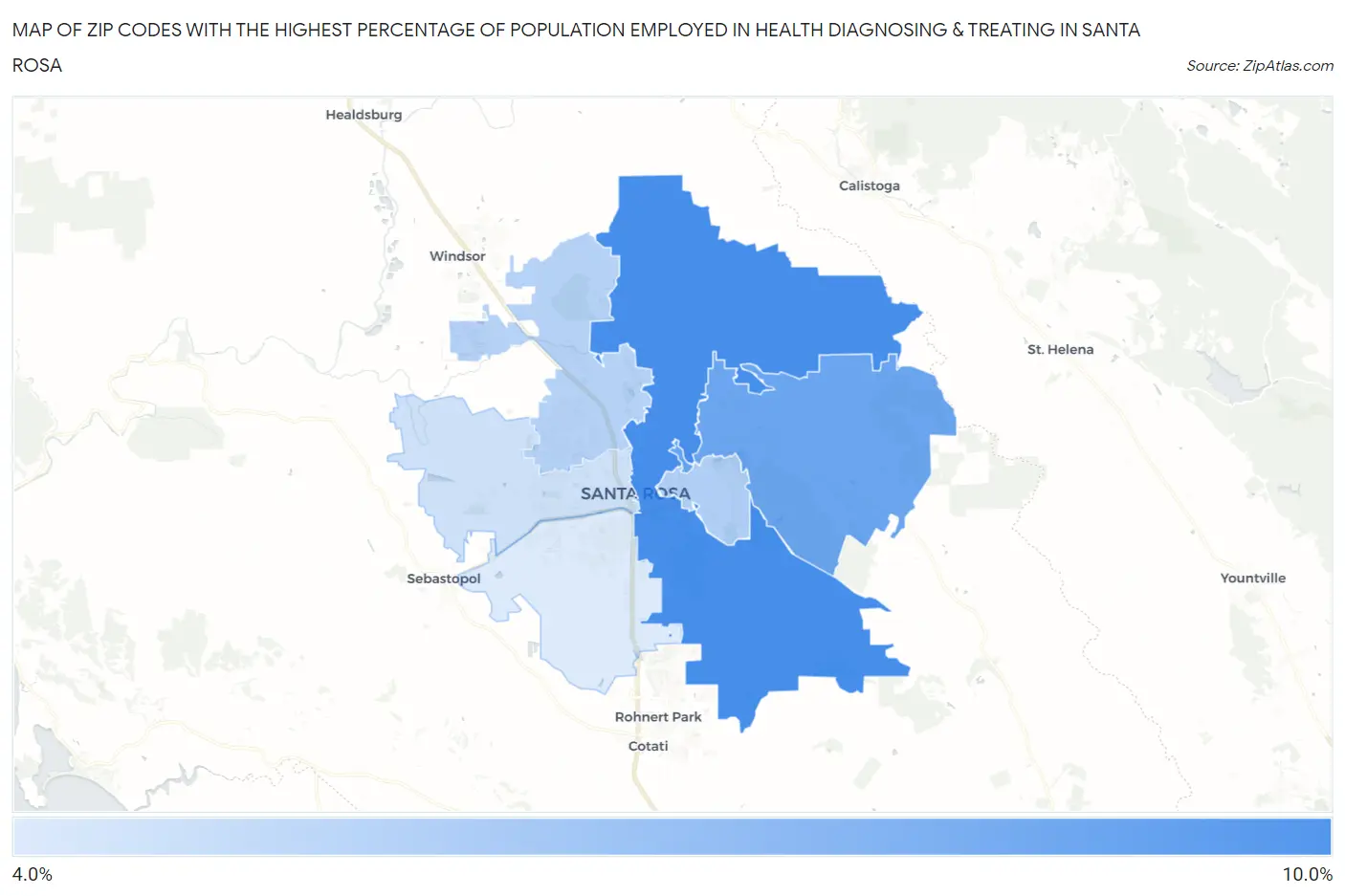 Zip Codes with the Highest Percentage of Population Employed in Health Diagnosing & Treating in Santa Rosa Map