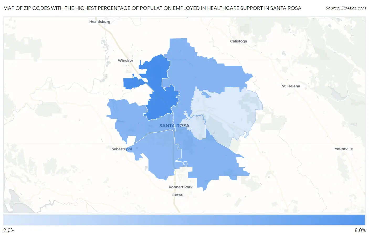 Zip Codes with the Highest Percentage of Population Employed in Healthcare Support in Santa Rosa Map