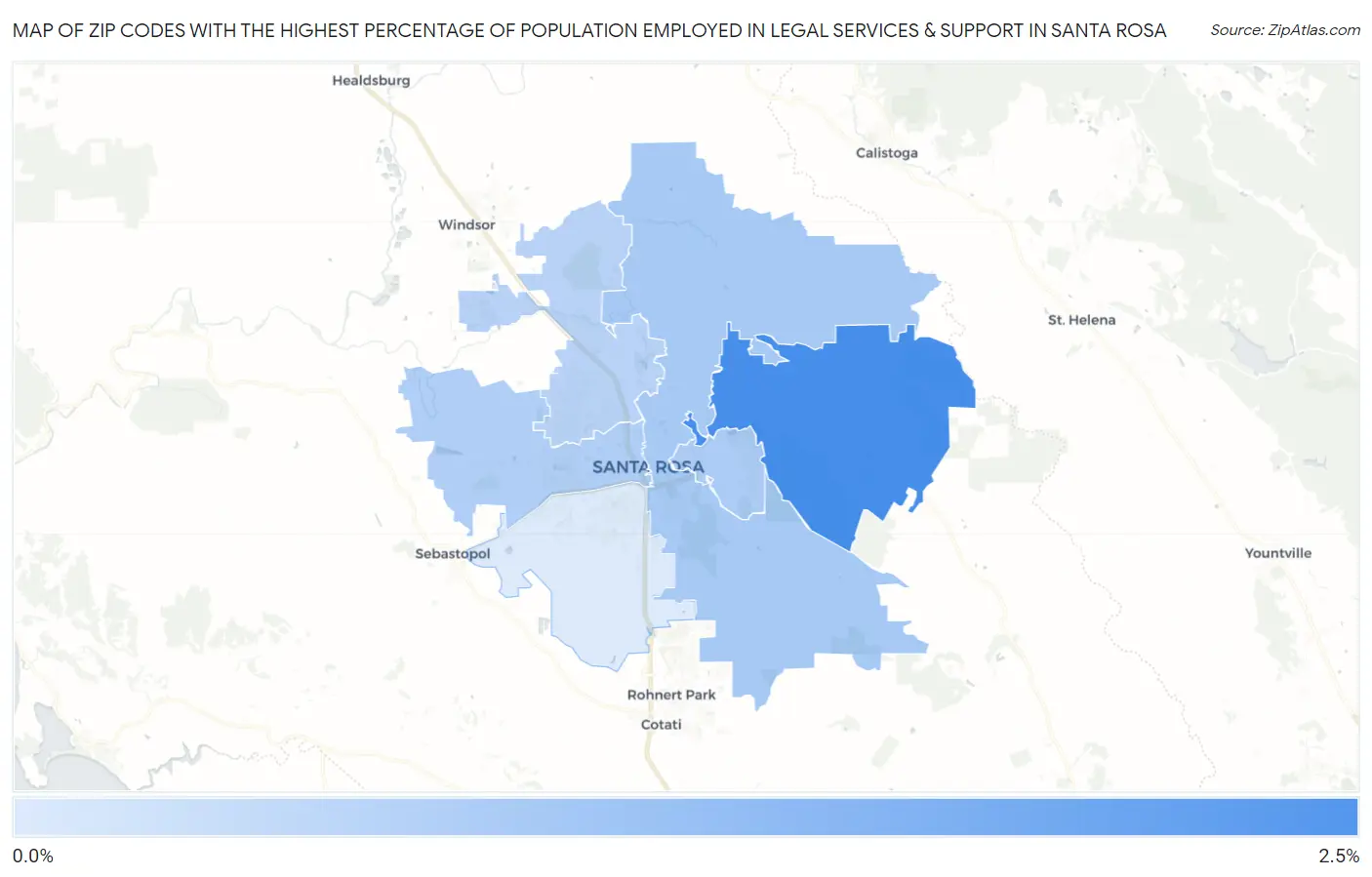 Zip Codes with the Highest Percentage of Population Employed in Legal Services & Support in Santa Rosa Map