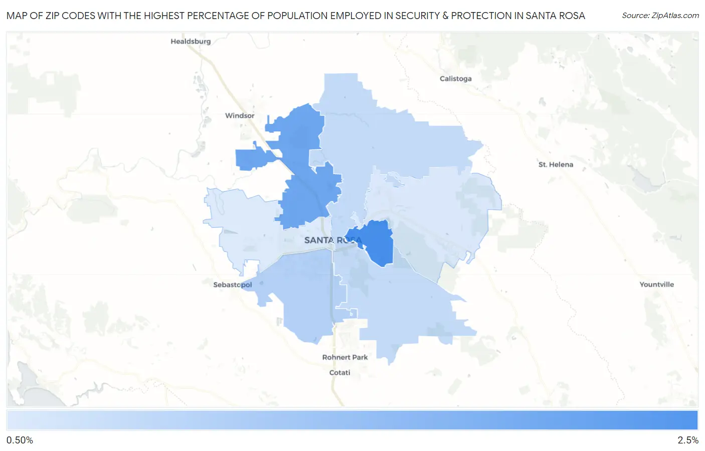 Zip Codes with the Highest Percentage of Population Employed in Security & Protection in Santa Rosa Map