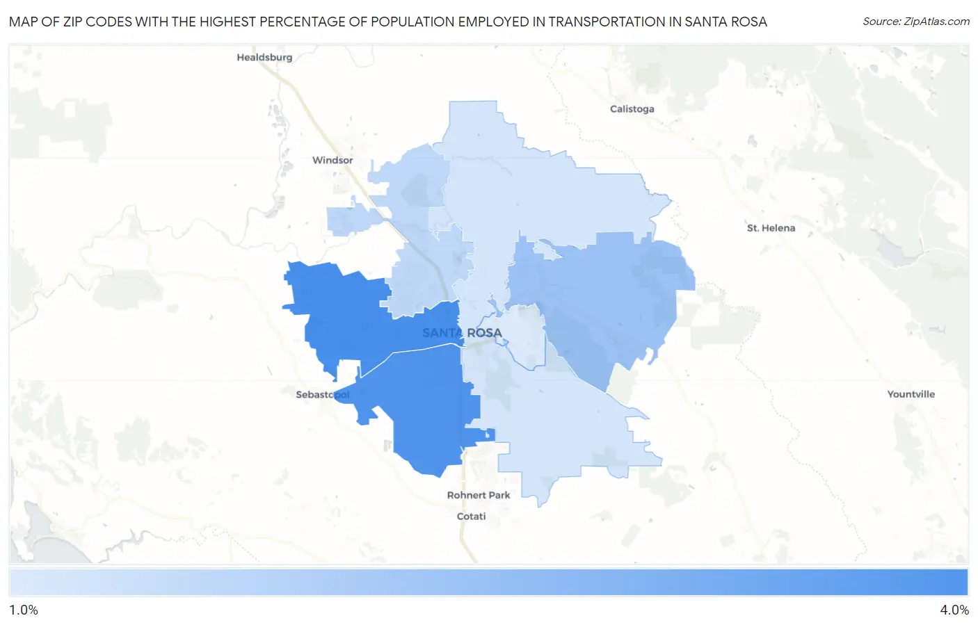 Zip Codes with the Highest Percentage of Population Employed in Transportation in Santa Rosa Map