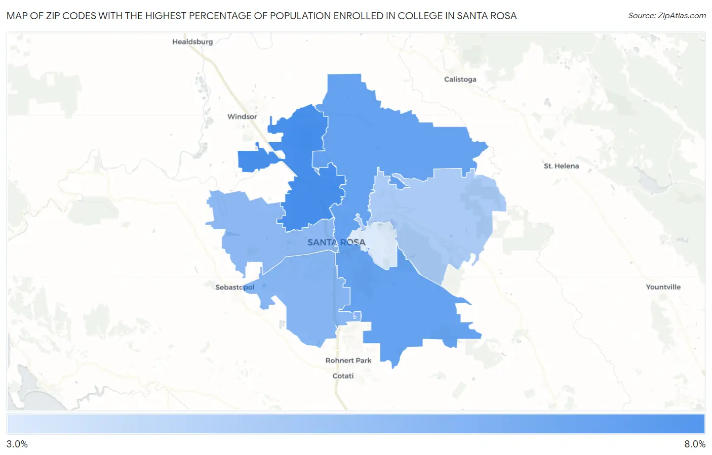 Zip Codes with the Highest Percentage of Population Enrolled in College in Santa Rosa Map