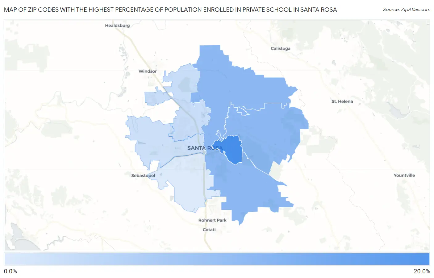 Zip Codes with the Highest Percentage of Population Enrolled in Private School in Santa Rosa Map