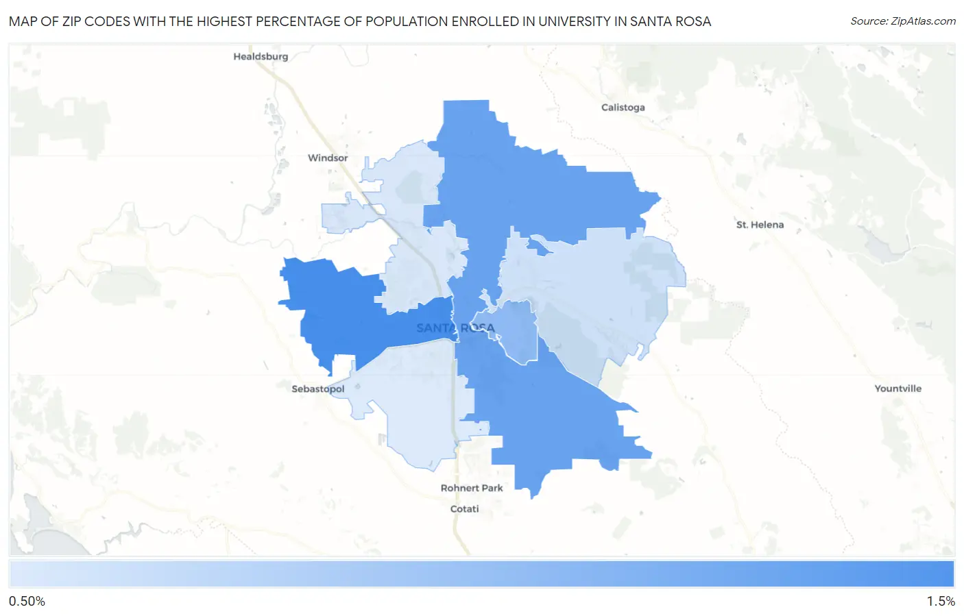 Zip Codes with the Highest Percentage of Population Enrolled in University in Santa Rosa Map