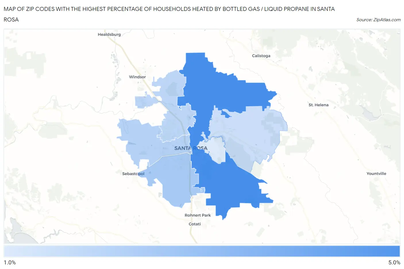 Zip Codes with the Highest Percentage of Households Heated by Bottled Gas / Liquid Propane in Santa Rosa Map