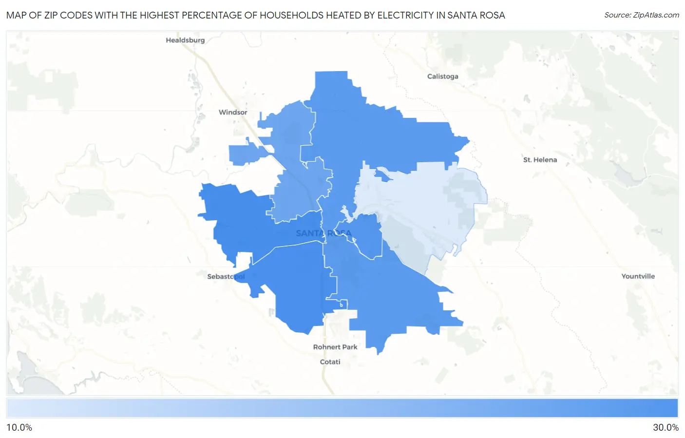 Zip Codes with the Highest Percentage of Households Heated by Electricity in Santa Rosa Map