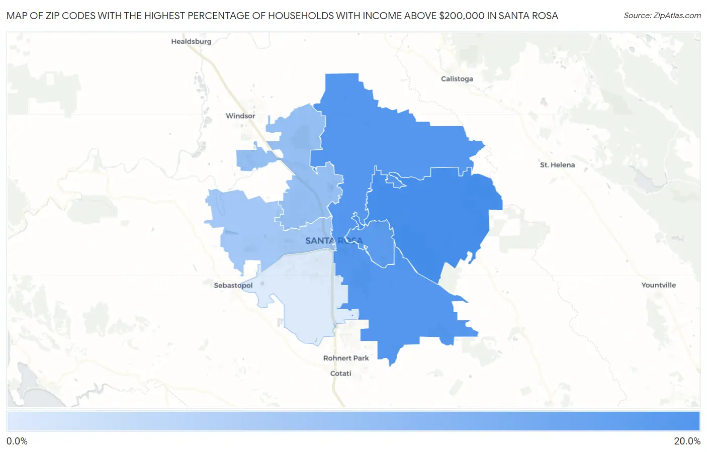 Zip Codes with the Highest Percentage of Households with Income Above $200,000 in Santa Rosa Map