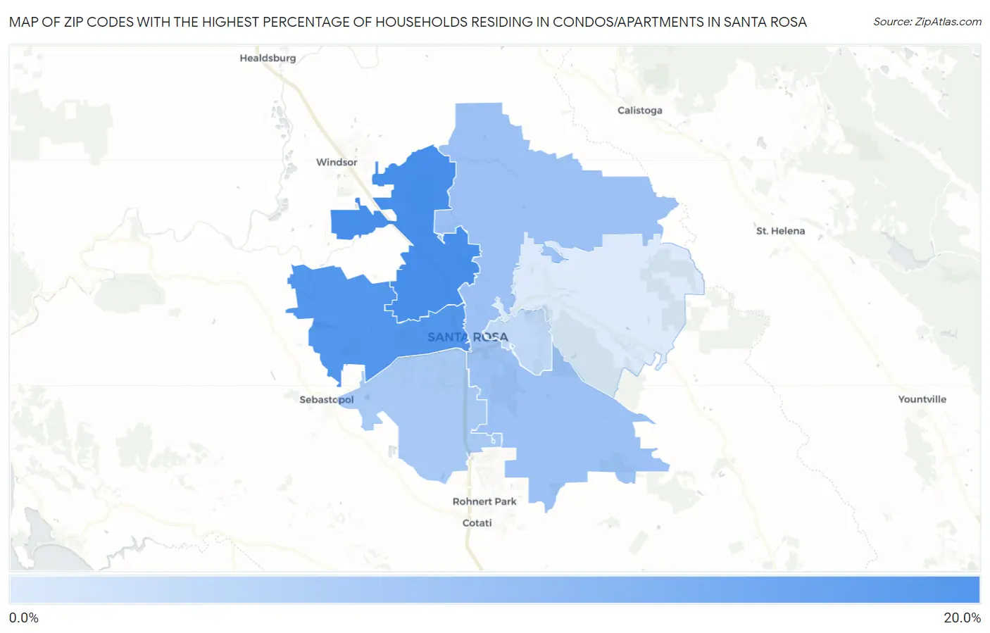Zip Codes with the Highest Percentage of Households Residing in Condos/Apartments in Santa Rosa Map