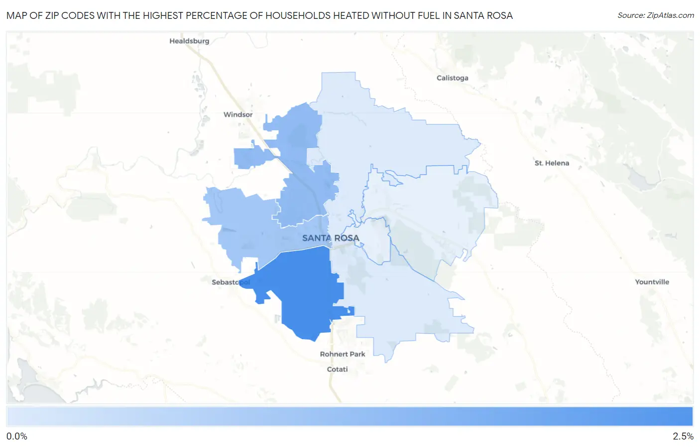 Zip Codes with the Highest Percentage of Households Heated without Fuel in Santa Rosa Map