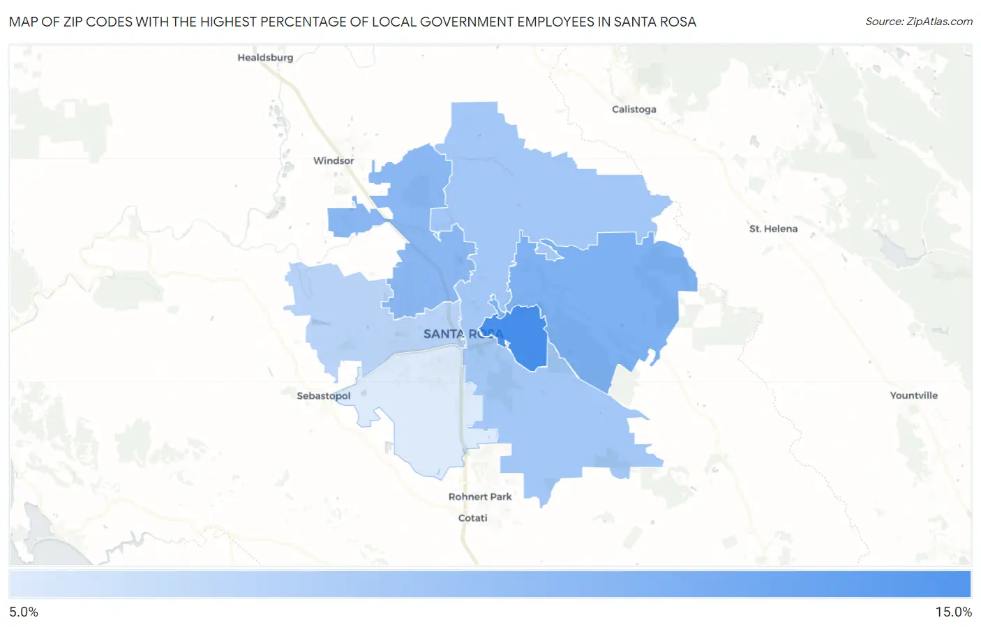 Zip Codes with the Highest Percentage of Local Government Employees in Santa Rosa Map