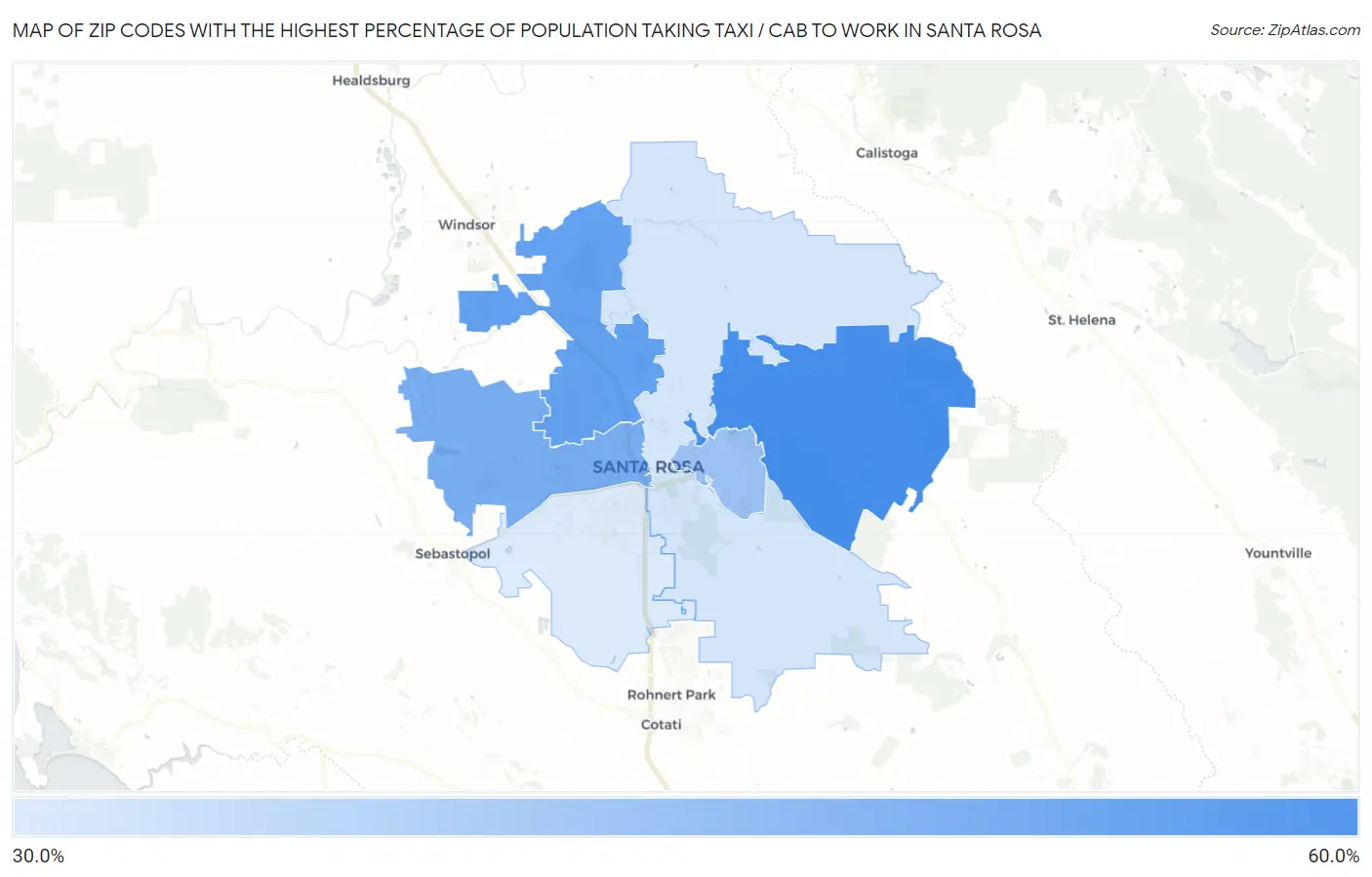 Zip Codes with the Highest Percentage of Population Taking Taxi / Cab to Work in Santa Rosa Map
