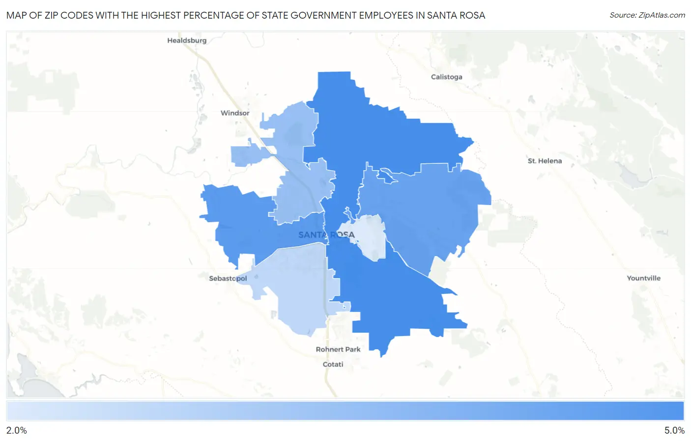Zip Codes with the Highest Percentage of State Government Employees in Santa Rosa Map