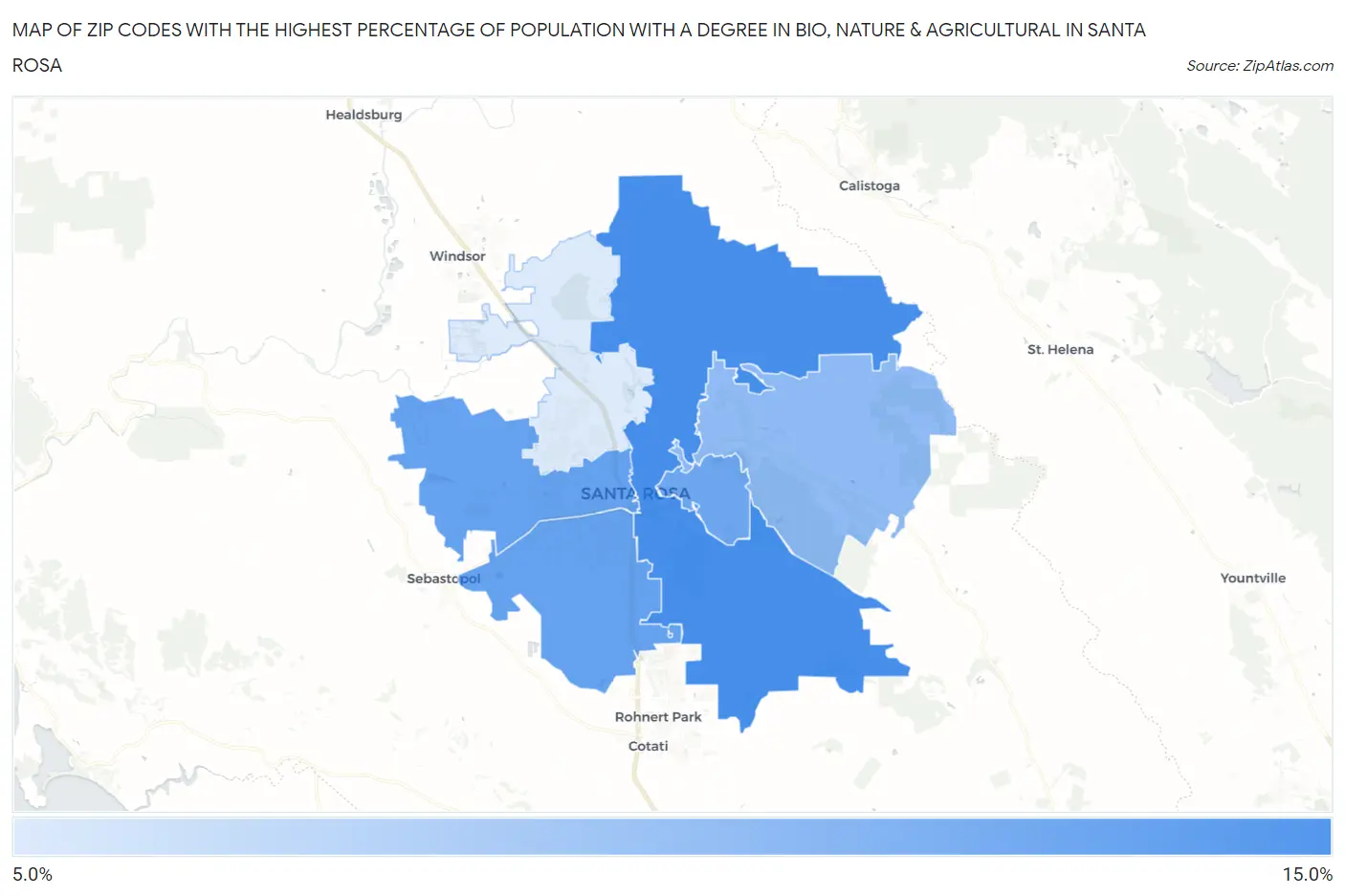 Zip Codes with the Highest Percentage of Population with a Degree in Bio, Nature & Agricultural in Santa Rosa Map