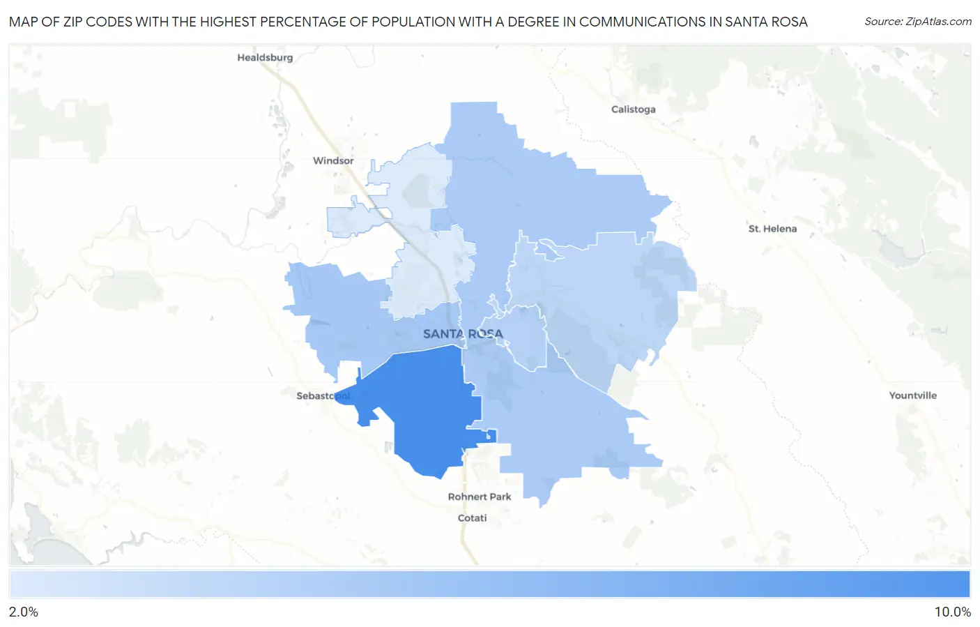 Zip Codes with the Highest Percentage of Population with a Degree in Communications in Santa Rosa Map