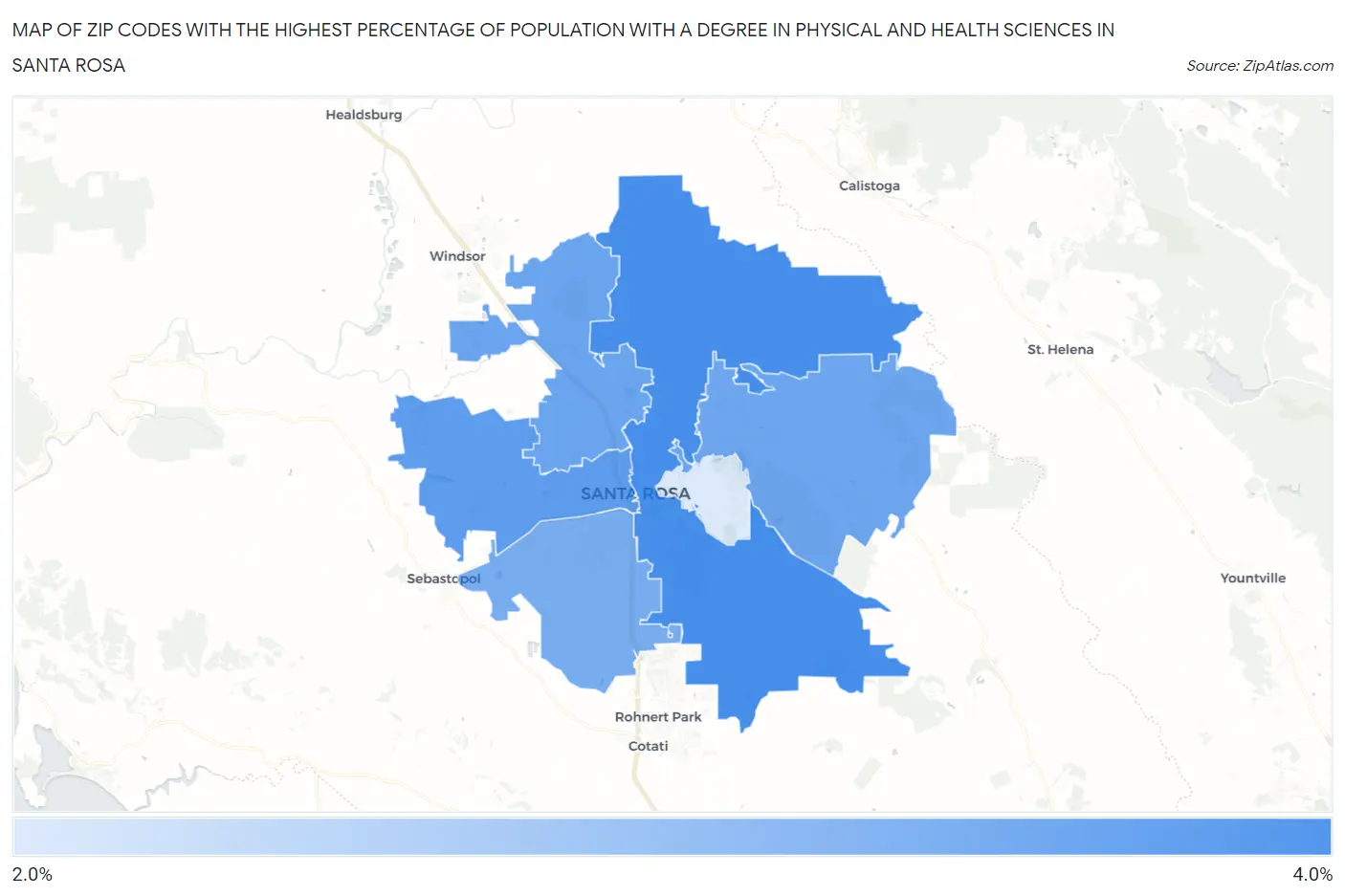 Zip Codes with the Highest Percentage of Population with a Degree in Physical and Health Sciences in Santa Rosa Map