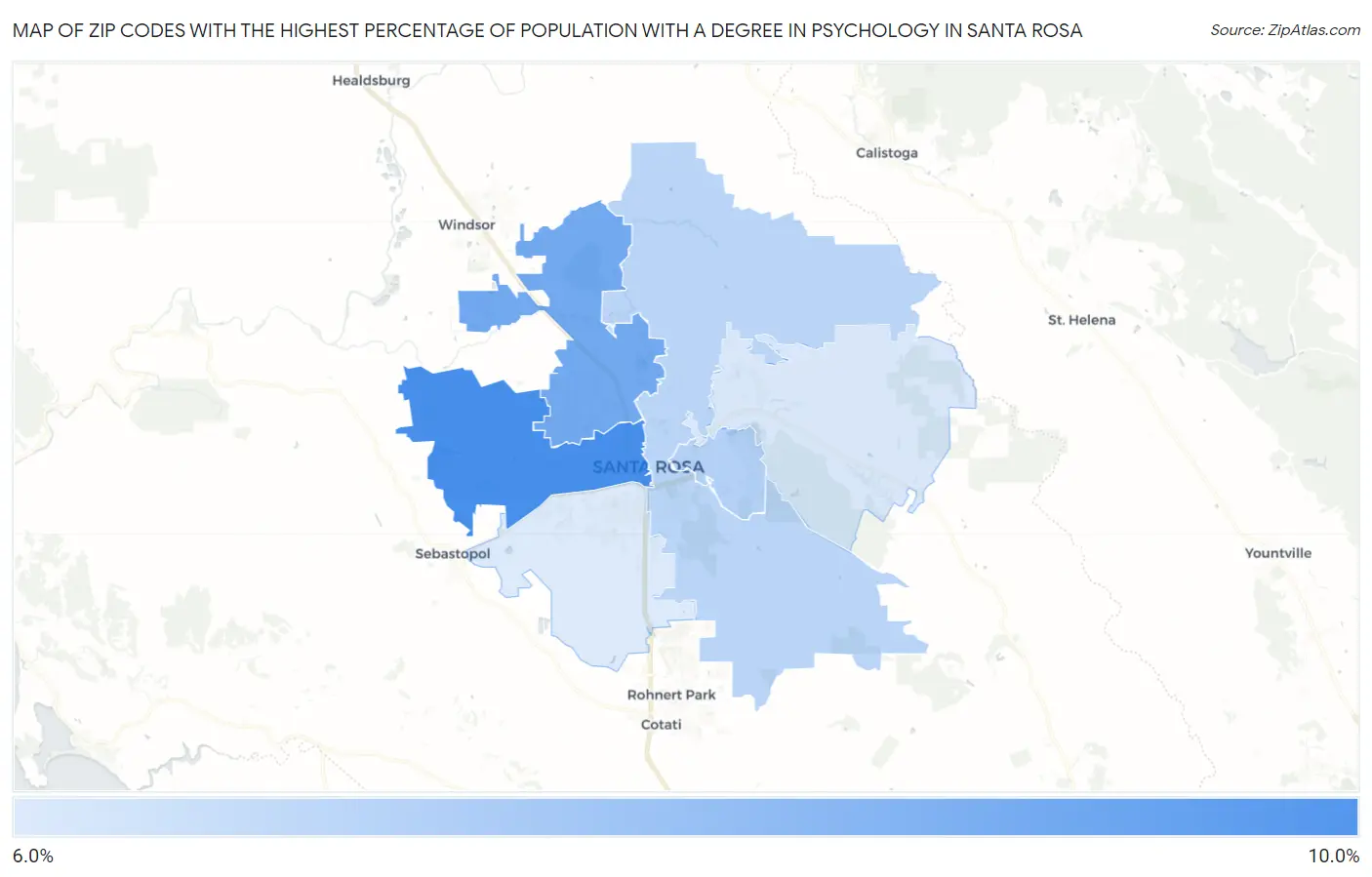 Zip Codes with the Highest Percentage of Population with a Degree in Psychology in Santa Rosa Map