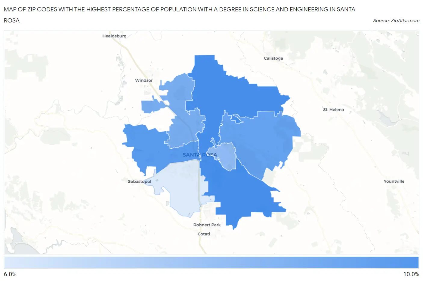 Zip Codes with the Highest Percentage of Population with a Degree in Science and Engineering in Santa Rosa Map
