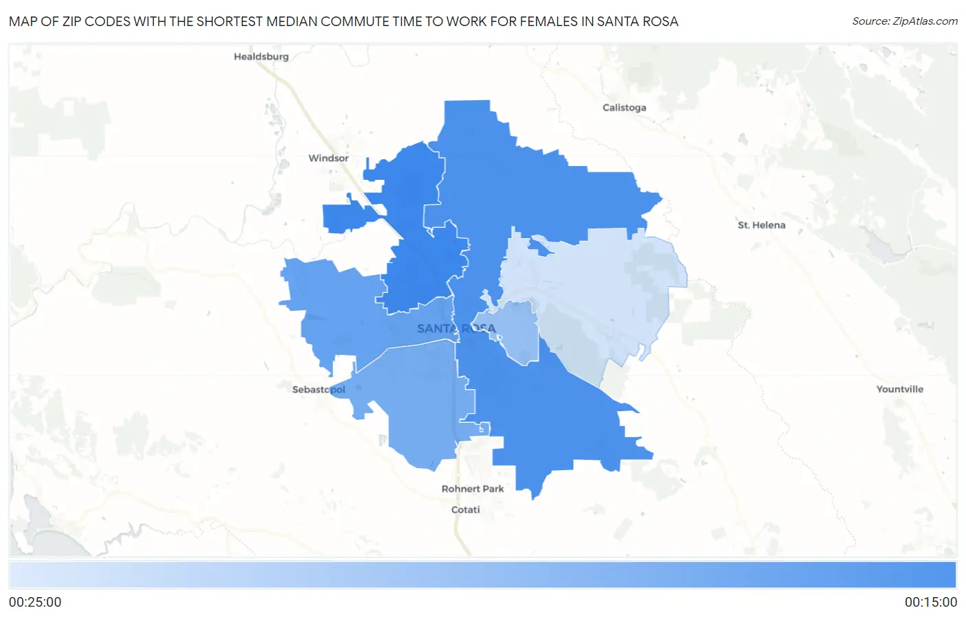 Zip Codes with the Shortest Median Commute Time to Work for Females in Santa Rosa Map
