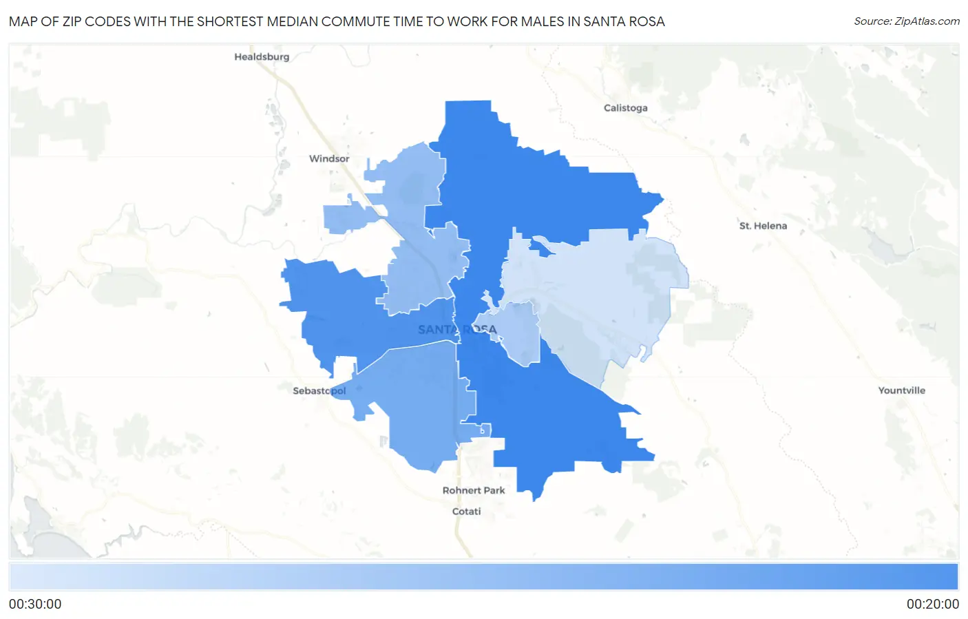 Zip Codes with the Shortest Median Commute Time to Work for Males in Santa Rosa Map