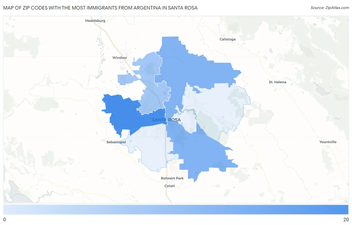 Zip Codes with the Most Immigrants from Argentina in Santa Rosa Map