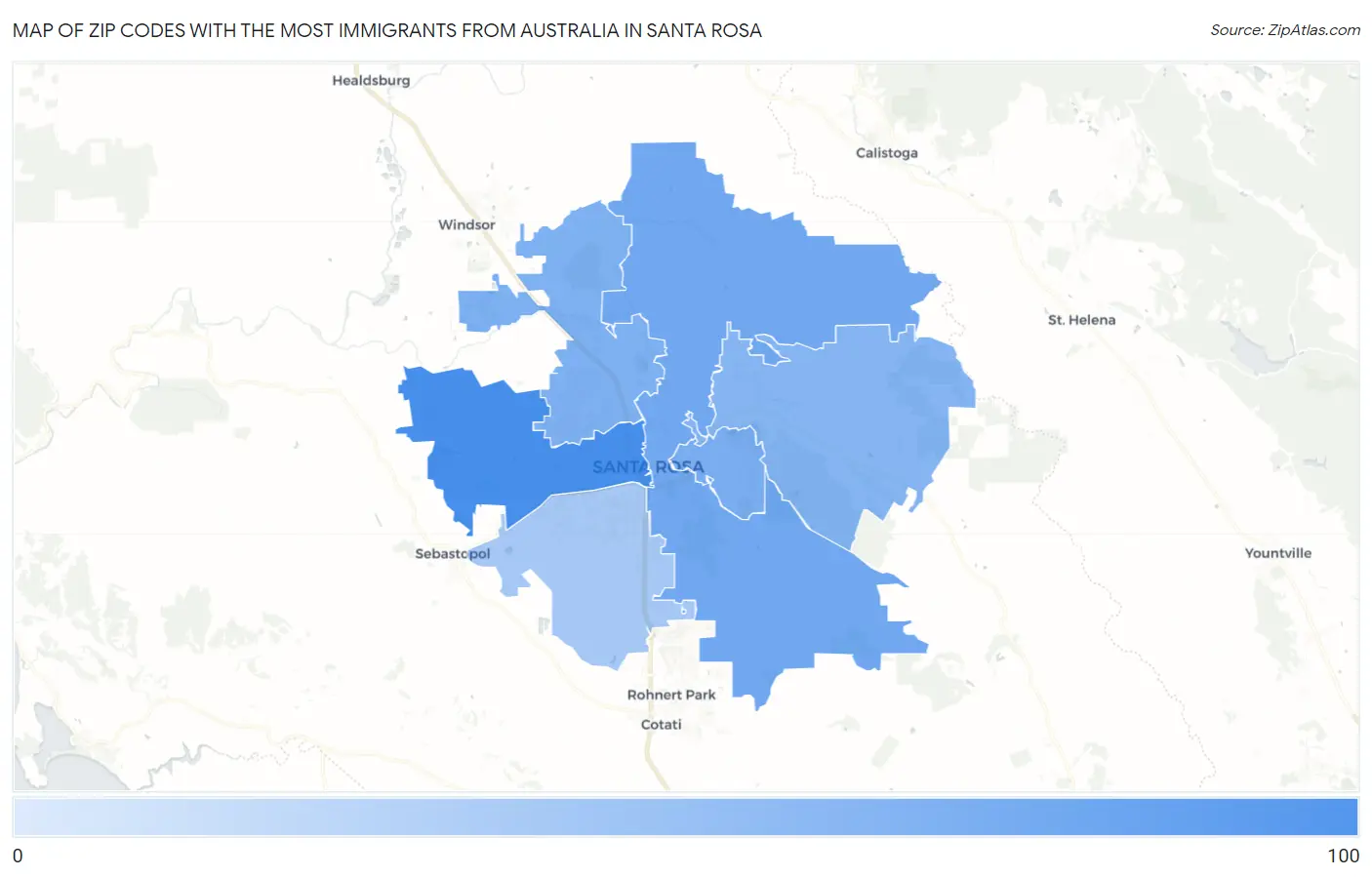 Zip Codes with the Most Immigrants from Australia in Santa Rosa Map