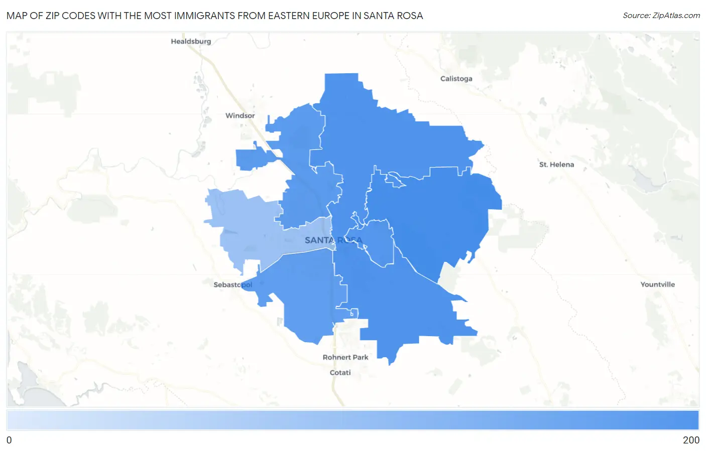 Zip Codes with the Most Immigrants from Eastern Europe in Santa Rosa Map