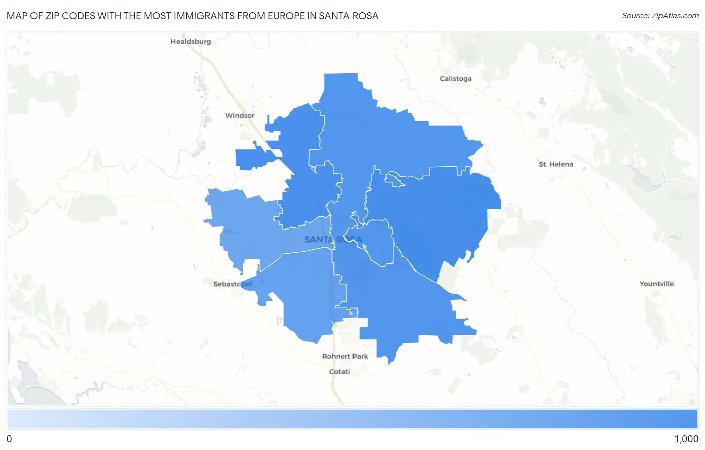 Zip Codes with the Most Immigrants from Europe in Santa Rosa Map