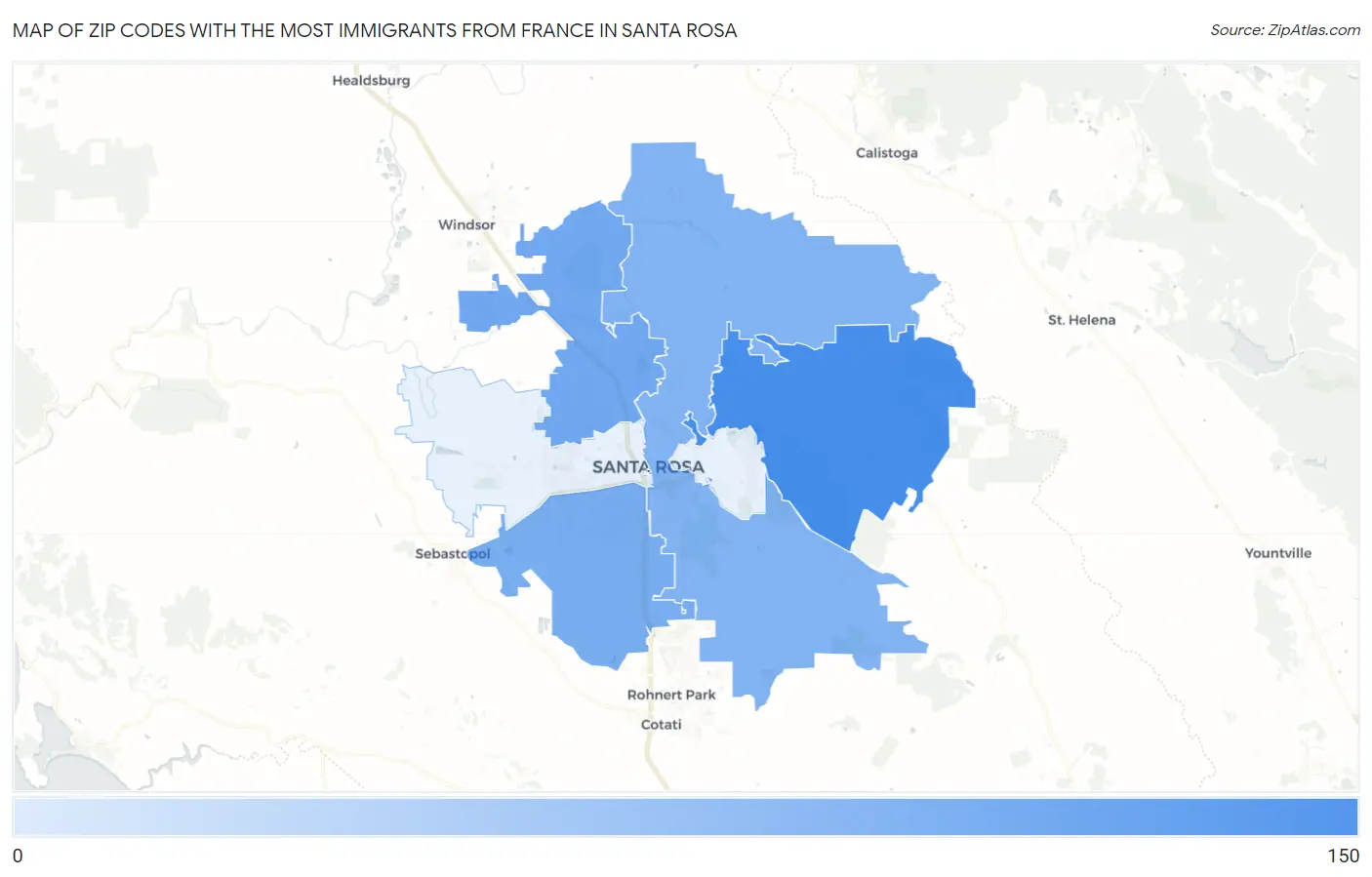 Zip Codes with the Most Immigrants from France in Santa Rosa Map