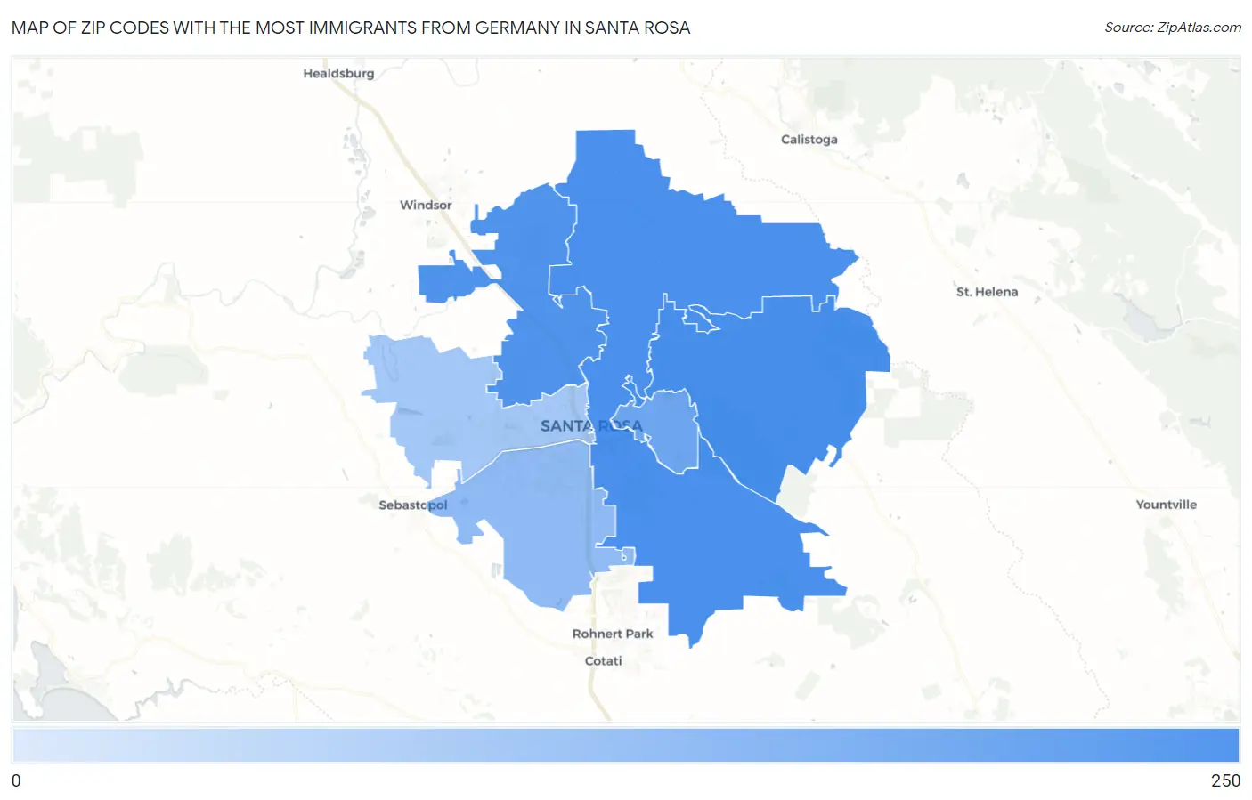 Zip Codes with the Most Immigrants from Germany in Santa Rosa Map