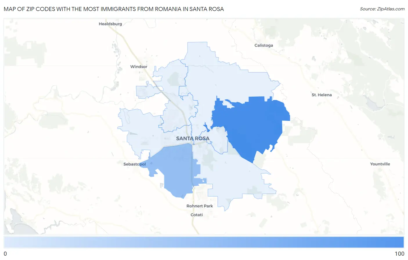 Zip Codes with the Most Immigrants from Romania in Santa Rosa Map