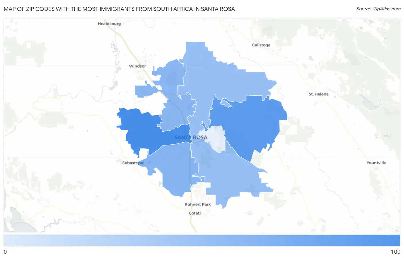 Zip Codes with the Most Immigrants from South Africa in Santa Rosa Map
