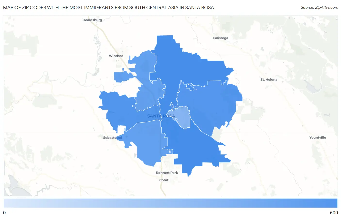 Zip Codes with the Most Immigrants from South Central Asia in Santa Rosa Map