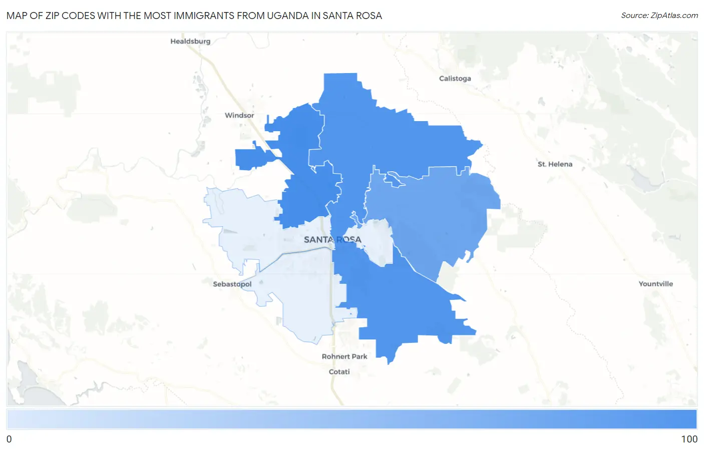 Zip Codes with the Most Immigrants from Uganda in Santa Rosa Map