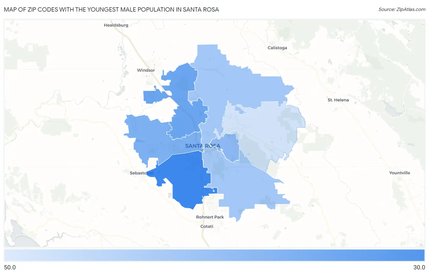 Zip Codes with the Youngest Male Population in Santa Rosa Map