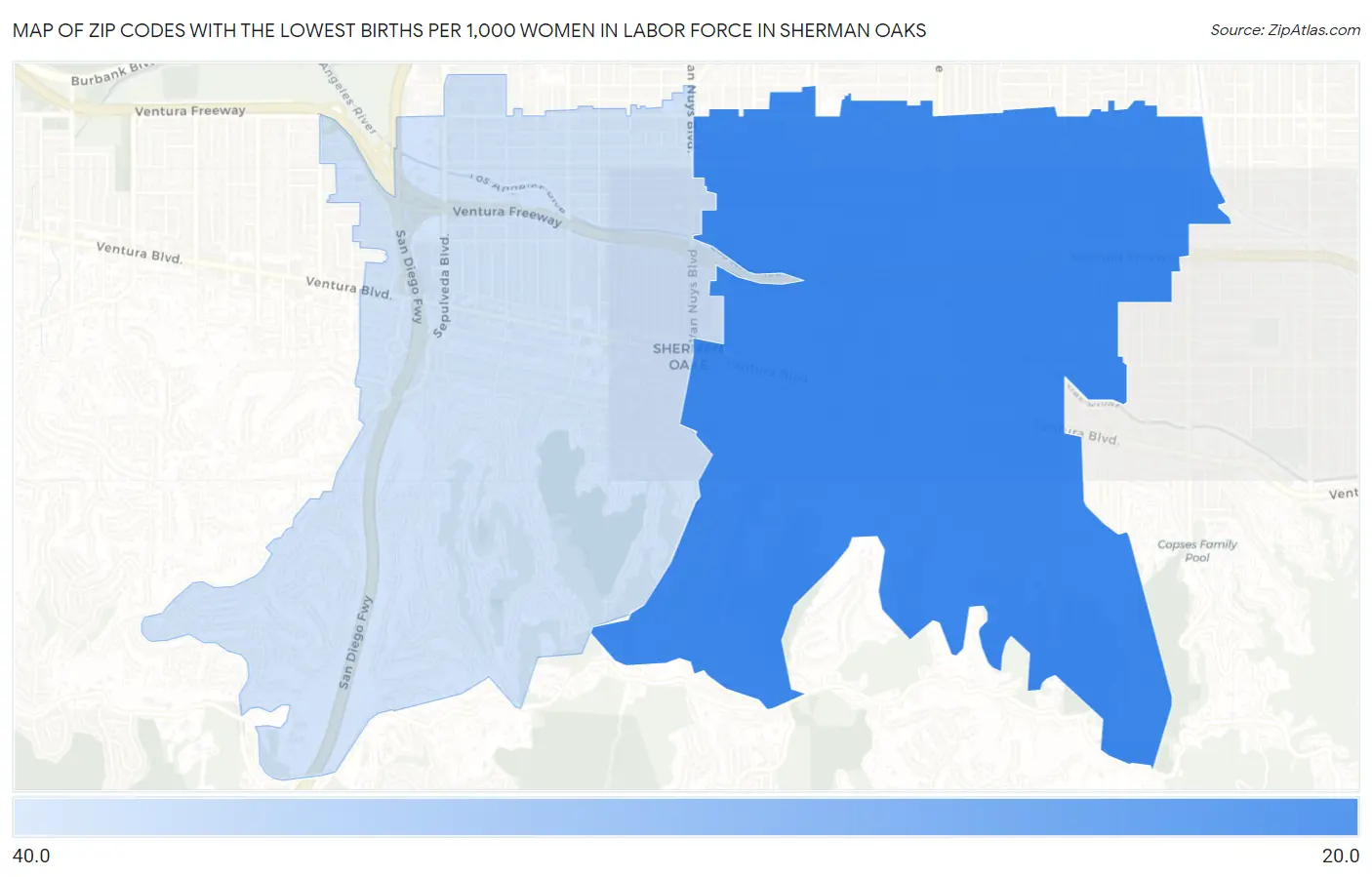 Zip Codes with the Lowest Births per 1,000 Women in Labor Force in Sherman Oaks Map
