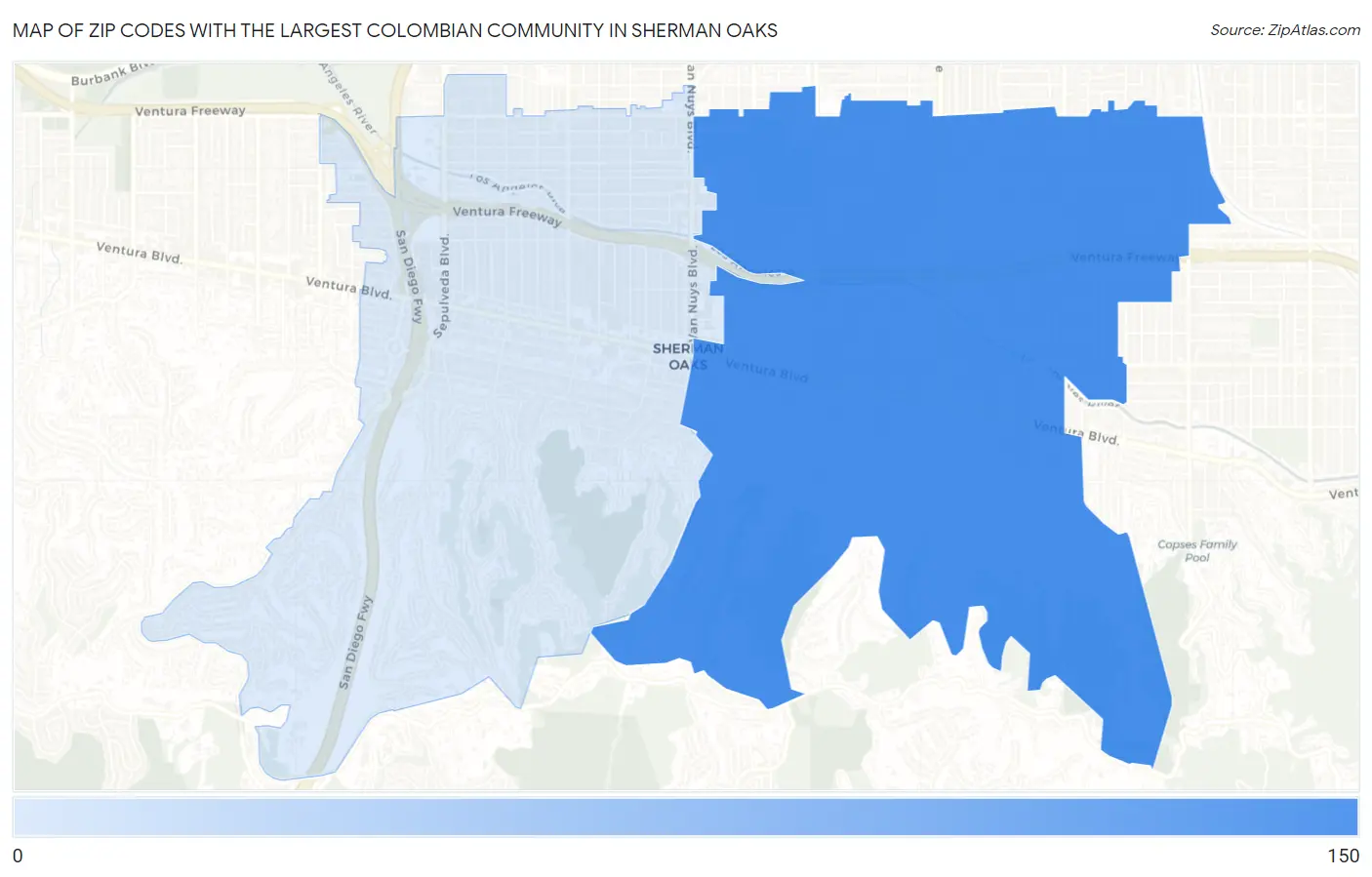 Zip Codes with the Largest Colombian Community in Sherman Oaks Map