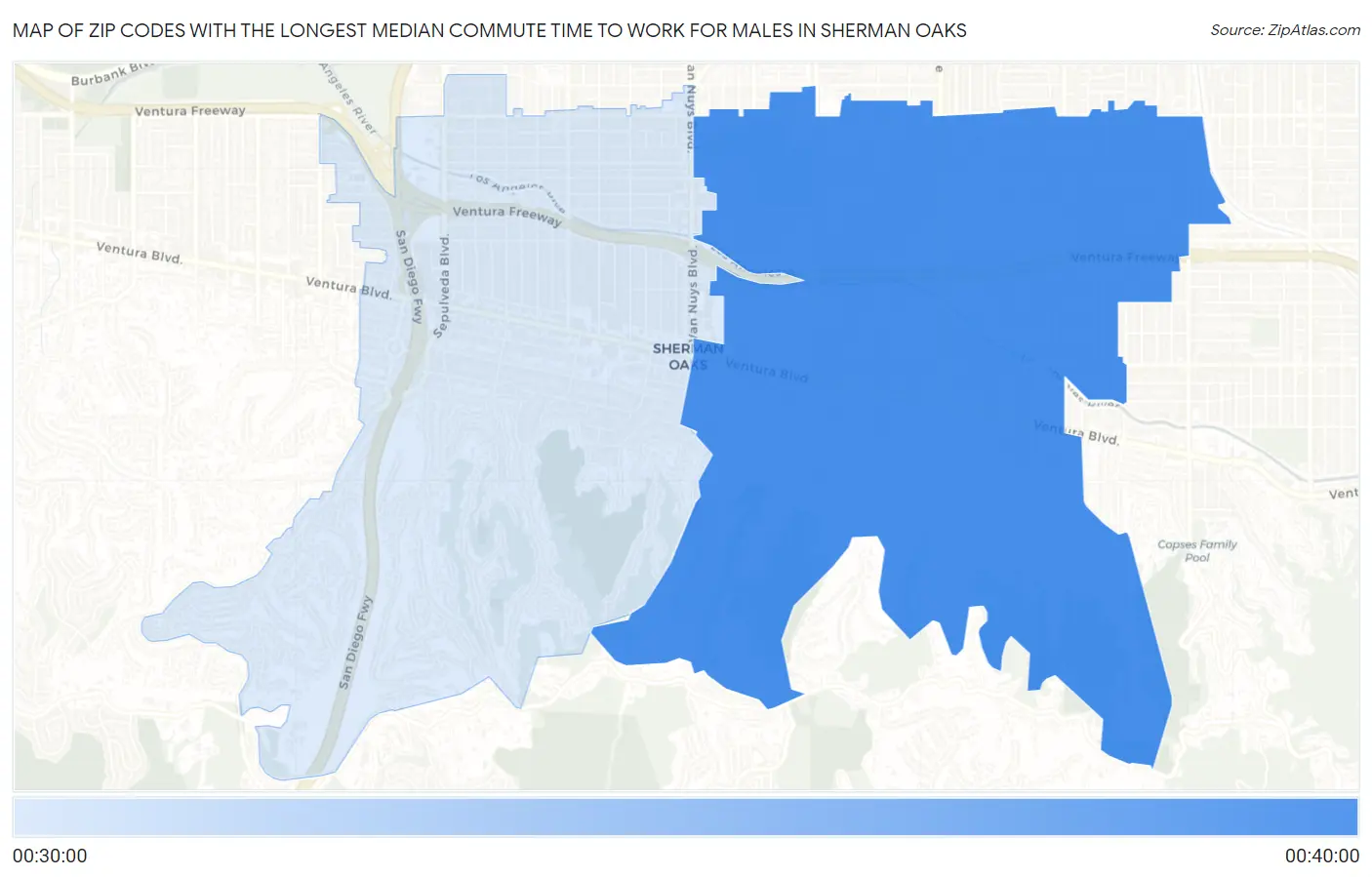 Zip Codes with the Longest Median Commute Time to Work for Males in Sherman Oaks Map