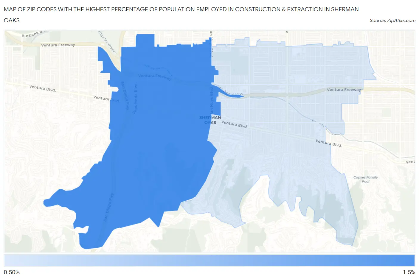 Zip Codes with the Highest Percentage of Population Employed in Construction & Extraction in Sherman Oaks Map